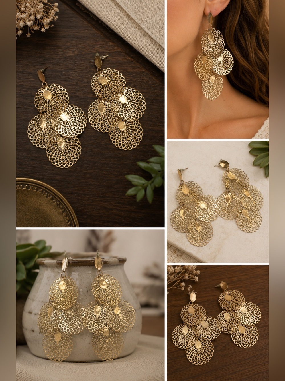 Gold Tone Filigree Chandelier Earrings | Statement Dangle Pierced Earrings